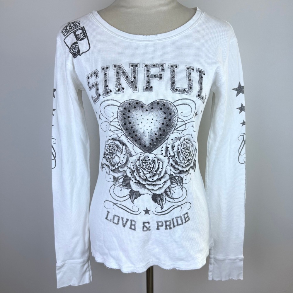 Y2K Sinful by Affliction White Angel Wings Full Rhinestone Long Sleeve Top Sz LG